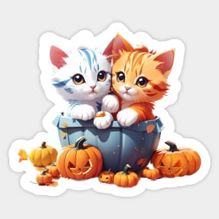 Halloween kittens playing with pumpkins Sticker